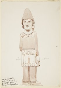 Staty från Teayo, norra Veracruz, Mexiko Visar stenstaty med mansfigur som bär kilt (akvarell) av Adela Breton