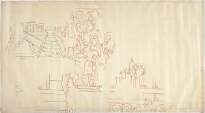 Spårning av en väggmålning från Casa de Monjas, Chichen Itza, Mexiko Ritad och färgad med svart och rött bläck (rött & svart bläck & grafit) av Adela Breton