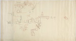 Spårning av en väggmålning från Casa de Monjas, Chichen Itza, Mexiko Vault i stor kammare (rött, svart & brunt bläck & grafit) av Adela Breton