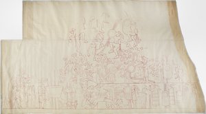 Spårning av en väggmålning från södra valvets tak, Jaguarernas övre tempel, Chichen Itza, Mexiko    (rött bläck) av Adela Breton