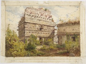 Ruinerna av Chichen Itza, Yucatan, Mexiko Avbildar västfasaden av Iglesia (akvarell)