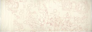 södra väggen, Jaguarernas övre tempel, Chichen Itza, Mexikos norra centrala kvarter (rött bläck och grafit) av Adela Breton