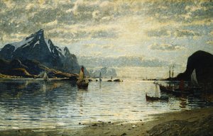 En fjordscen med segelfartyg,