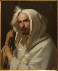 Porträtt av en arab med ett gevär och en barracano 1849 (olja på duk)