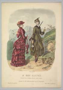 En dam i jaktdräkt med en dam i gådräkt på en bergsstig från La Mode..., 1881. av Adèle Anaïs Colin