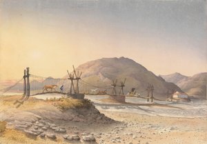 "Hängbro av skinnband (men reparerad med kedja) över Maypu, fem mil söder om Santiago, Chile, den 11 januari 1851