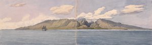 "Tahiti [Samhällsöarna]. Ravinen vid Fautaua - Kron- eller Diademeberget i mitten av ön, och staden Papeiti, 24 augusti 1849