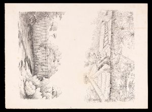 By tillhörande Stang-stammen, Sarawak, Borneo; och en bro av pålar över en flod från West Indies, North American and Borneo scrapbook, ca 1845 (litografi) av Admiral Sir Edward Gennys Fanshawe