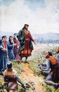 Karl IV inspekterar druvor under sin uppmuntran till vinframställning i Böhmen, tidigt 1900-tal (färg litho) av Adolf (after) Liebscher