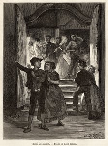 En kabaréscen, ett par lämnar scenen, medan en man hotar dem med en kniv, hållen av två kvinnor; medan ett annat par möter dem när de går in i kabarén, graverar efter teckningen av Adolf Dillens, som illustrerar en resa till Zelande (Neerlande),
