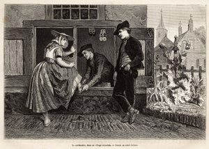 En skomakare i en by i Zelandan får en ung kvinna att prova en sko åtföljd av en ung man, gravering efter teckningen av Adolf Dillens, som illustrerar en resa till Zelande (Neerlande), 1873, av Charles de Coster, publicerad i "Le tour du monde” 1874,