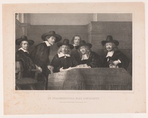 De Staalmeesters: kollegiet för provmästare (waardijns) i Amsterdams tygmakarskrå The Staalmeesters, efter Rembrandt / Premium plate der Kunstkronijk, sextonde volymen (1854) (titel på objekt)