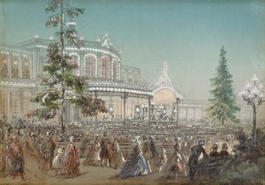 ""Firande av 25-årsjubileet för Tsarskoe Selo Railroad vid Pavlovsk järnvägsstations konserthus"" av Adolf Charlemagne (1826-1901), Gouache på kartong