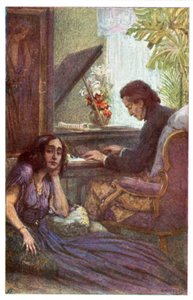 Musiker och kompositör, Frederic Chopin, med George Sand av Adolf Karpellus (färg litho) av Adolf Karpellus