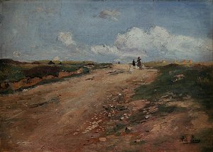 Landsväg i Schwalm med en flicka och gäss (olja på duk) av Adolf Lins