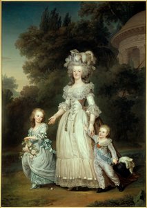 Porträtt till fots av Frankrikes drottning Marie Antoinette (1754-1793) med Marie Therese eller Madame Royale (1778-1851) och den första Dauphin Louis Joseph Xavier Francois eller Louis de France (1781-1789) som går genom Trianons trädgårdar Målning av Ad