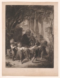 Barn dansar i ring runt en gammal man Hos farfar (titel på objekt) av Adolf Wagenmann
