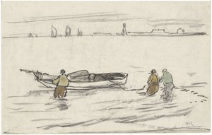 Tre män som står i vattnet drar en segelbåt åt sidan