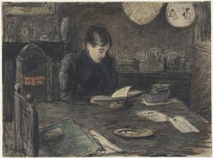 Kvinna som läser vid ett bord av Adolf le Comte