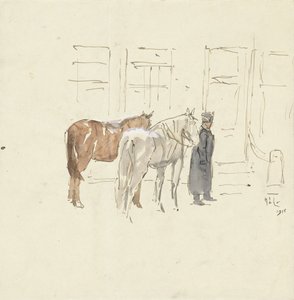 Man med två hästar framför en byggnad av Adolf le Comte