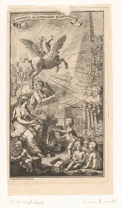 Allegorisk scen med kvinna som skriver, byster, Pegasus och Apollo Titelsida för: Cornelis Sweerts, Poetiska symboler, 1736