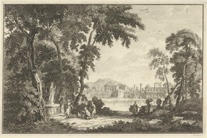 Arkadiskt flodlandskap med figurer som dyrkar en staty Italienska och tyska landskap (serietitel)