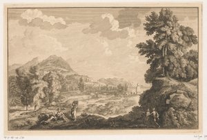 Arkadiskt flodlandskap med herdar och en kvinna med en tvättkorg Italienska och tyska landskap (serietitel)