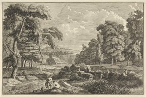 Arkadiskt flodlandskap med fem badande kvinnor och en hjort av Adolf van der Laan
