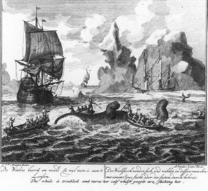 ”Valen vänder sig och sprattlar medan den flänsas” (nr 6 ur serien om valfångst) av Adolf van der Laan