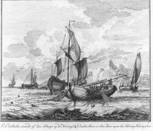 ”Ett dubbelt strand- eller havsfartyg i handel” (nr 9 ur serien om sillfiske) av Adolf van der Laan
