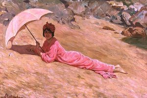 Flicka som ligger på stranden med ett rosa parasoll (olja på duk)