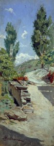 Road in hills av Adolfo Belimbau (1845-1938), olja på panel, 23x9 cm