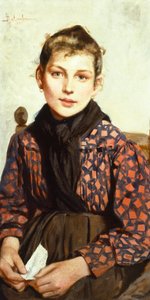 Sittande flicka av Adolfo Belimbau (1845-1938), olja på duk, 71x37 cm