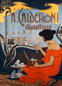 Annonsaffisch för Calderoni Jewellers i Milano av Adolfo Hohenstein