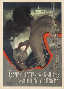 Reklamaffisch producerad för det italienska belysningsföretaget Cesare Urtis & Co. i Turin, 1889
