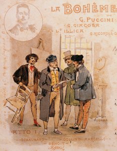 Postkort av Adolf Hohenstein (1854-1928) för uruppförandet av La Boheme av Adolfo Hohenstein