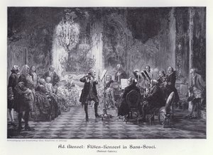 Flöjtkonsert i Palace of Sanssouci, Potsdam, Preussen (gravyr) av Adolph Friedrich Erdmann von (after) Menzel