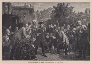 Fredrik den store, kung av Preussen, på resa (gravyr) av Adolph Friedrich Erdmann von (after) Menzel