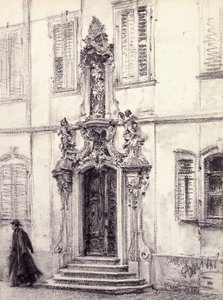 En man som går ner för trappan till en byggnad dekorerad med en barockportal, 1884 av Adolph Menzel