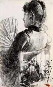Dam med en fläkt, 1885 av Adolph Menzel