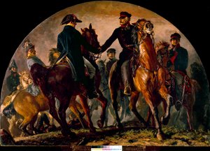 Möte av Gebhard Leberecht von Blucher (1742-1819) och Arthur Wellesley Wellington (1769-1852), vid slaget vid La Belle Alliance (1815). Målning av Adolf Menzel (1815-1905) Ec. Allt av Adolph Menzel