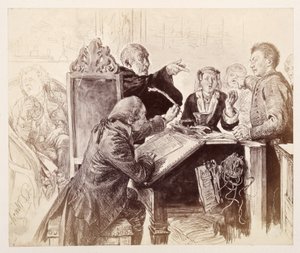 Adam talar till Veit under rättegången; längst fram sitter skrivaren Licht och doppar pennan, längst bak till höger sitter domaren, på väg att nysa, ur Heinrich von Kleists ”Den trasiga kannan” av Adolph Menzel