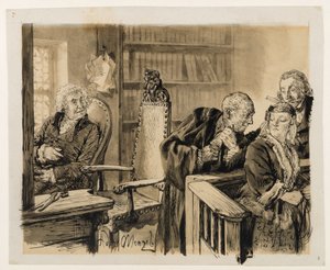 Adam talar i hemlighet med Eva. Licht lyssnar. Domaren kallar tillbaka Adam till domarstolen. Ur Heinrich von Kleist, Den trasiga kannan av Adolph Menzel