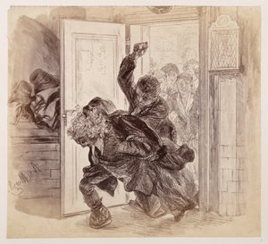 Adam, som har blivit misshandlad av Ruprecht, rusar ut ur rättssalen, medan Eva och de andra ser på i bakgrunden – till Heinrich von Kleists ”Den trasiga krukan” av Adolph Menzel