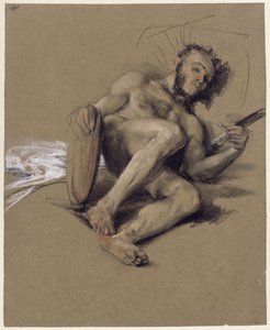 Aktstudie, skäggig man som vilar på marken till vänster med svärd och sköld i händerna, studie till talet med anledning av kronprinsens myndighetsdag 1850 av Adolph Menzel