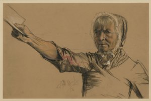 En äldre kvinna som med höger hand sträcker fram en framställning av Adolph Menzel