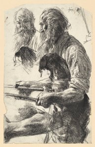 En äldre järnarbetare med skinnförkläde och en tång i handen. Studie till ”Järnvalsverket. Moderna cykloper” av Adolph Menzel