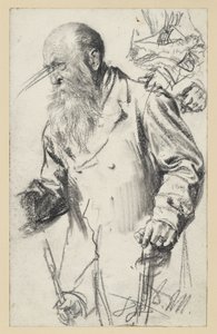 En äldre, skäggig man i kjol vid Stock, vissa detaljer upprepas av Adolph Menzel