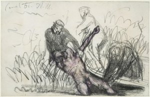 Bärgning av en manlig kropp ur Landwehrkanalen (c) av Adolph Menzel