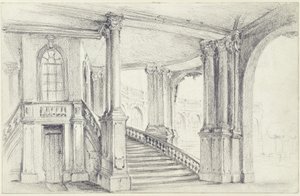 Utsikt genom stadspaviljongen mot den sydöstra arkadgalleriet i Zwinger i Dresden av Adolph Menzel